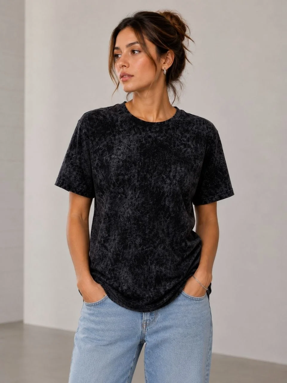 Kadın Yıkamalı Washed Effect Tişört Bisiklet Yaka Sokak Stil Kısa Kol T-Shirt