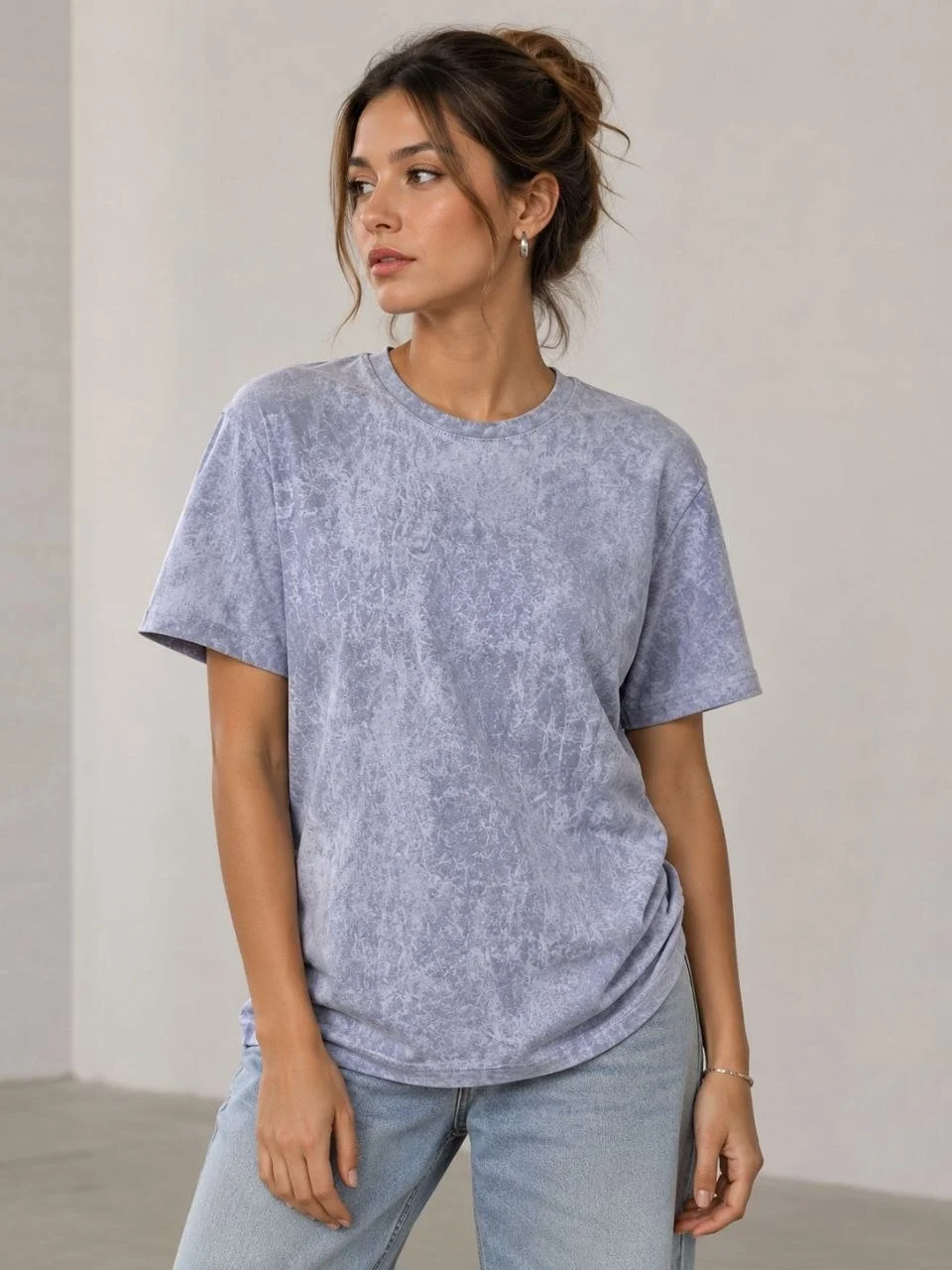 Kadın Yıkamalı Washed Effect Tişört Bisiklet Yaka Sokak Stil Kısa Kol T-Shirt