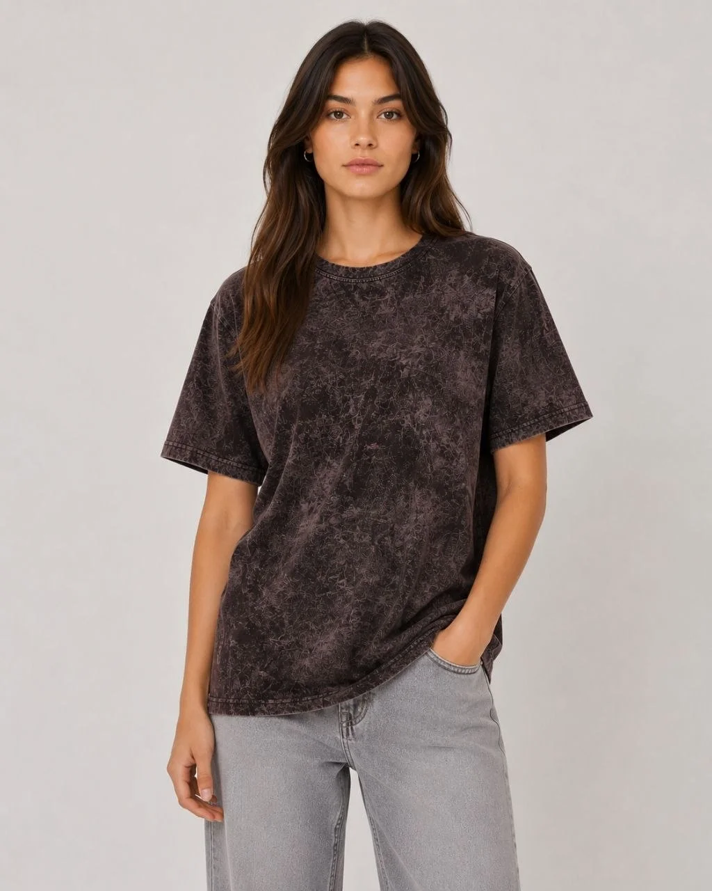 Kadın Yıkamalı Washed Effect Tişört Bisiklet Yaka Sokak Stil Kısa Kol T-Shirt