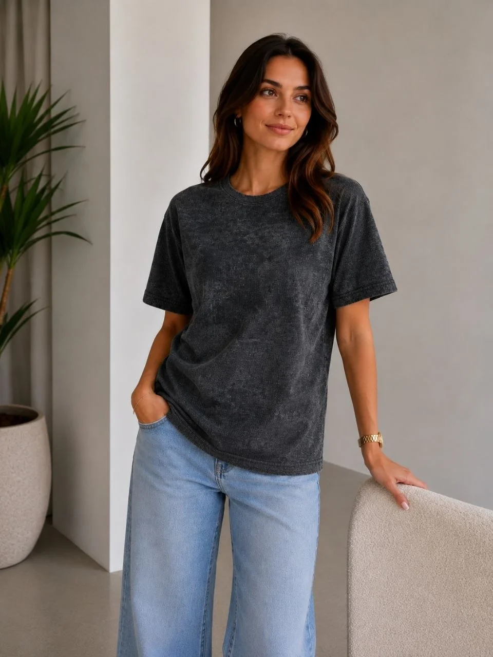 Kadın Batik Desenli Tişört Bisiklet Yaka Kısa Kol Regular Fit T-shirt - Siyah