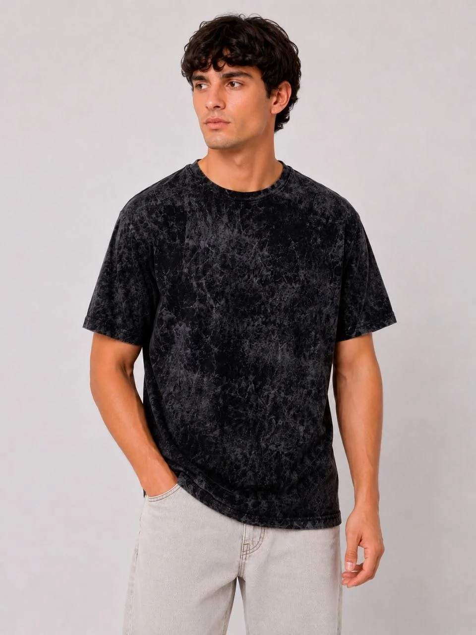 Erkek Yıkamalı Washed Effect Tişört Bisiklet Yaka Sokak Stil Kısa Kol T-Shirt