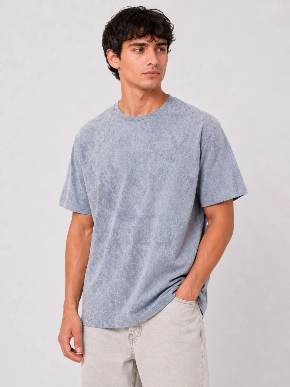 Erkek Yıkamalı Washed Effect Tişört Bisiklet Yaka Sokak Stil Kısa Kol T-Shirt