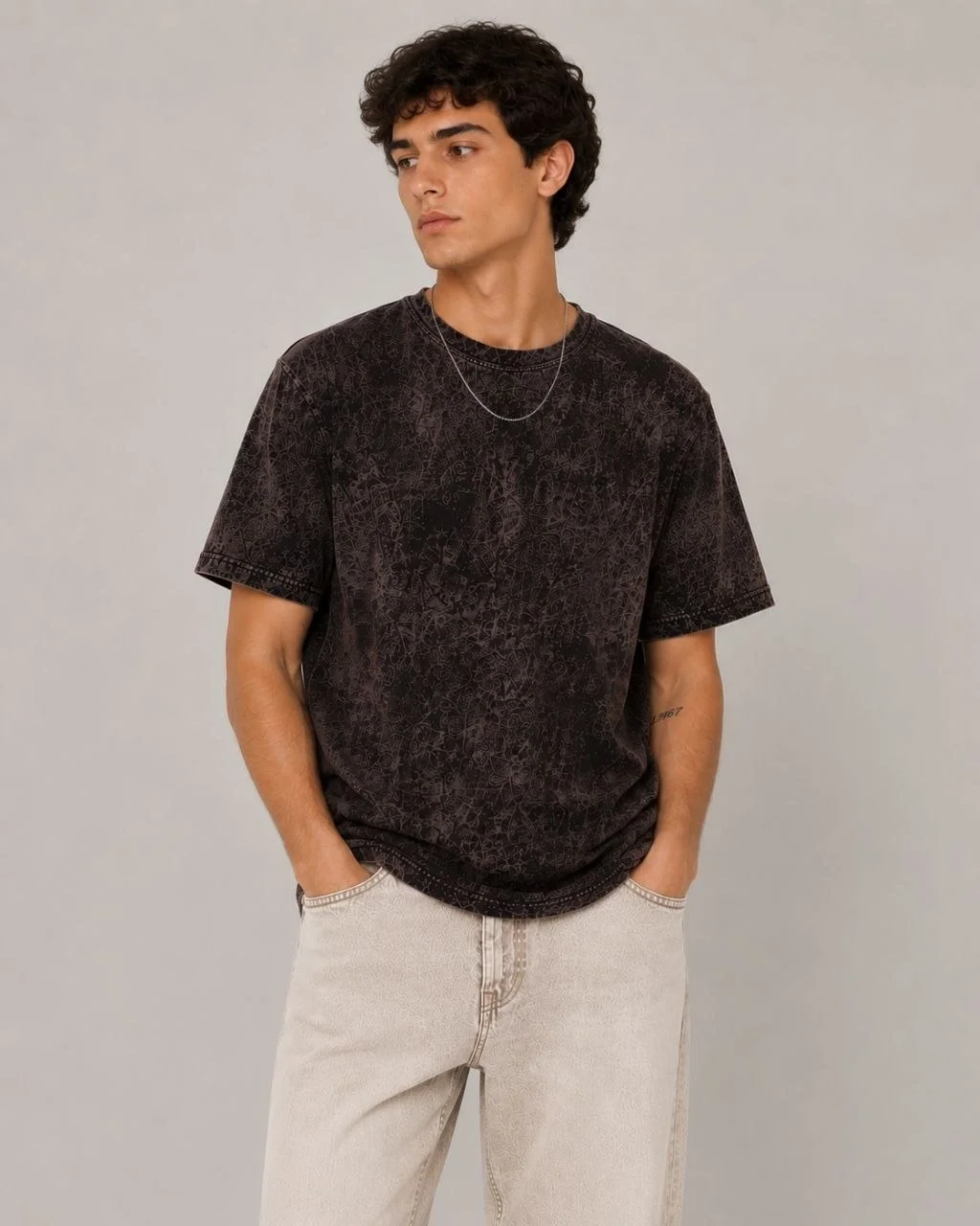 Erkek Yıkamalı Washed Effect Tişört Bisiklet Yaka Sokak Stil Kısa Kol T-Shirt