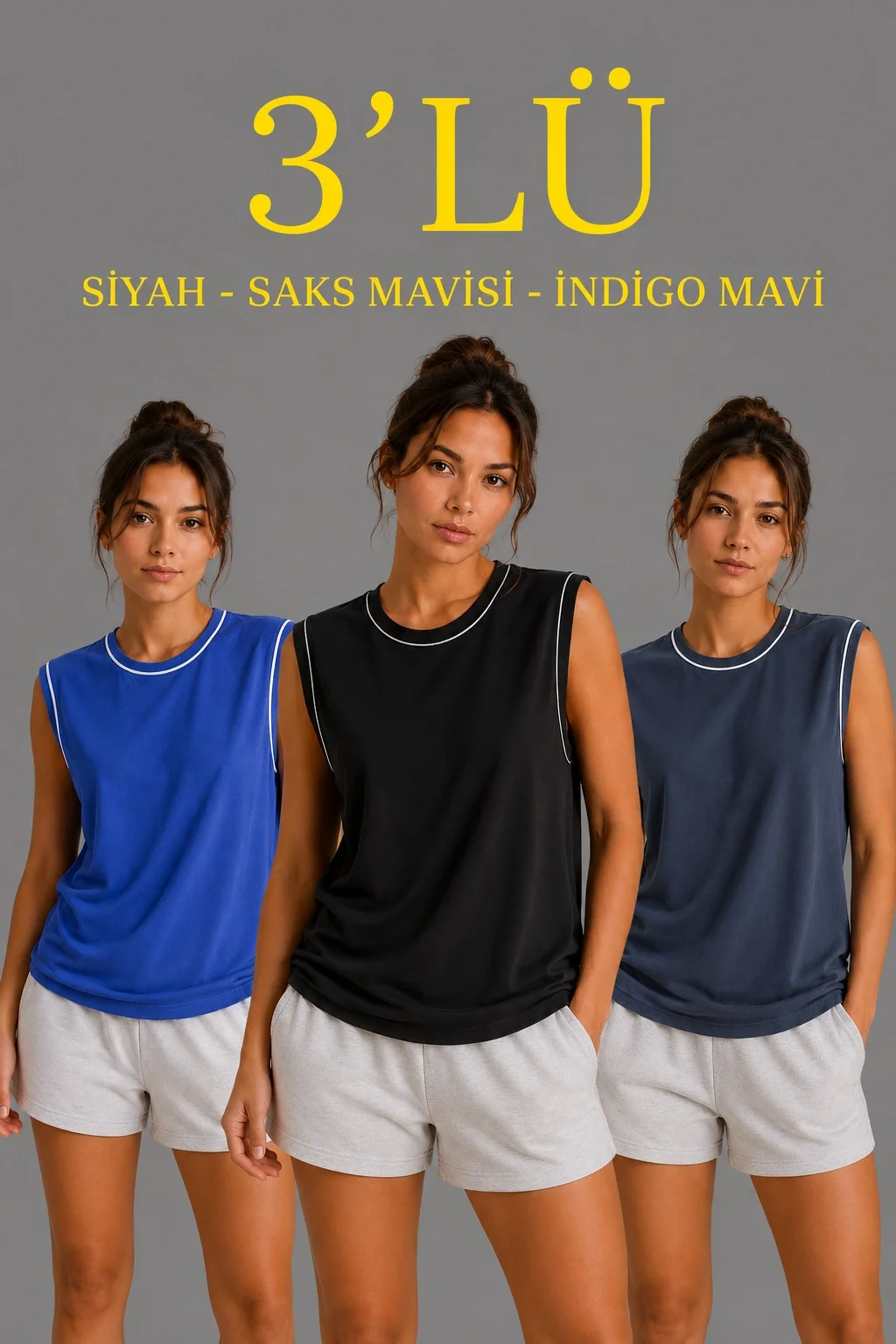 Kadın 3’lü Kolsuz Sporcu Atlet Seti Yazlık Bisiklet Yaka - Siyah, Saks Mavisi
