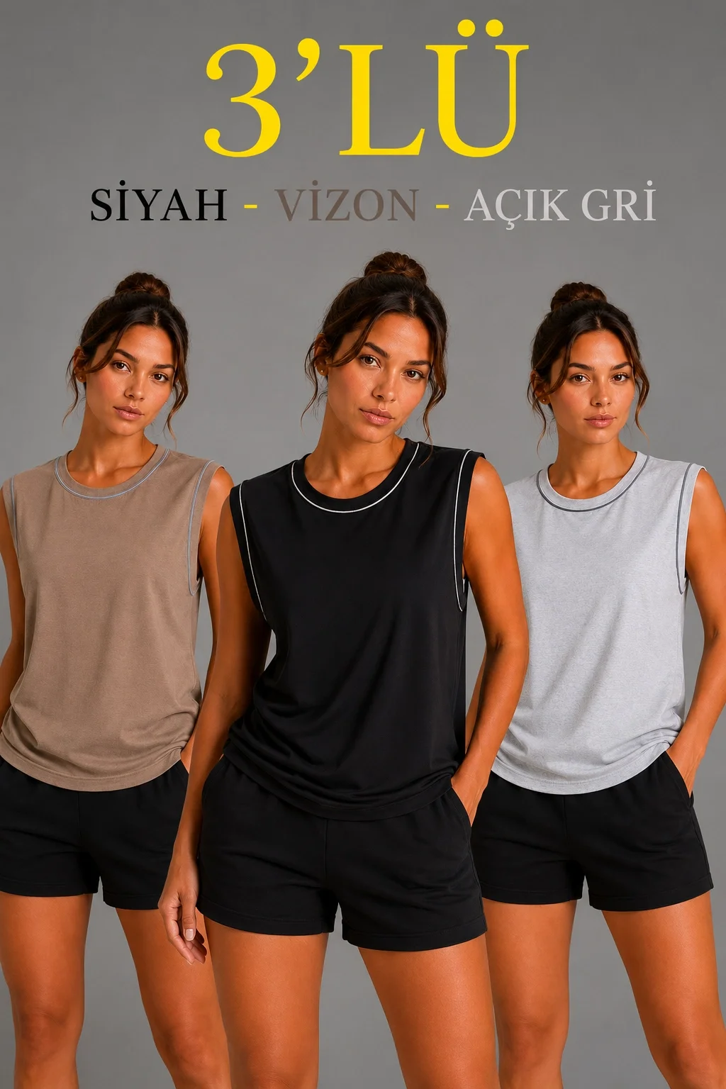 Kadın 3’lü Kolsuz Sporcu Atlet Seti Yazlık Bisiklet Yaka - Siyah, Kahverengi