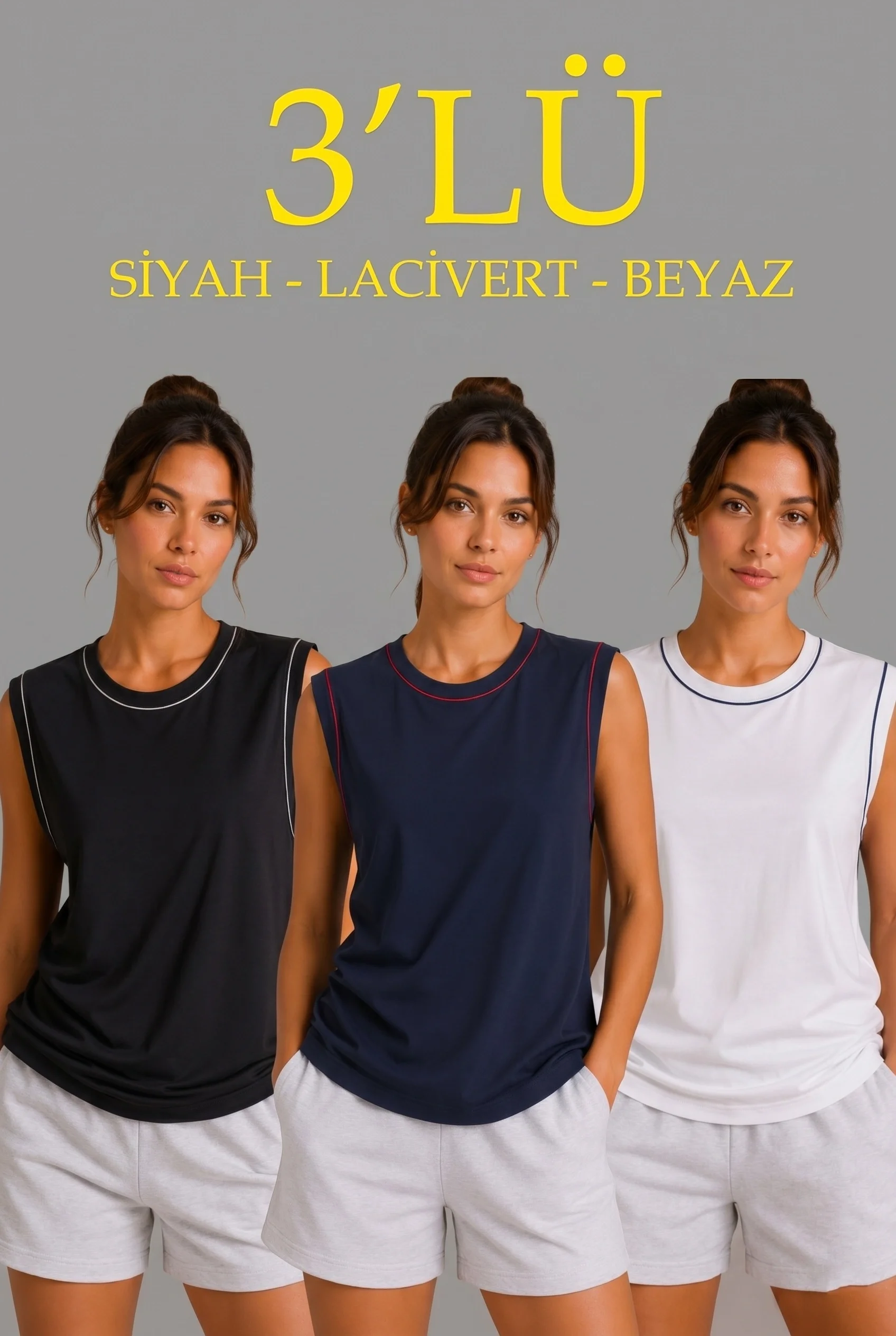 Kadın 3’lü Kolsuz Sporcu Atlet Seti Yazlık Bisiklet Yaka - Siyah, Lacivert
