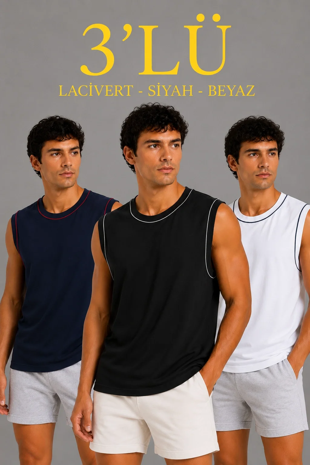 Erkek 3’lü Kolsuz Sporcu Atlet Seti Yazlık Bisiklet Yaka - Siyah, Lacivert