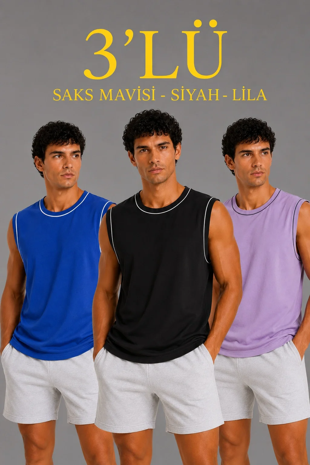 Erkek 3’lü Kolsuz Sporcu Atlet Seti Yazlık Bisiklet Yaka - Siyah, Lila, Saks
