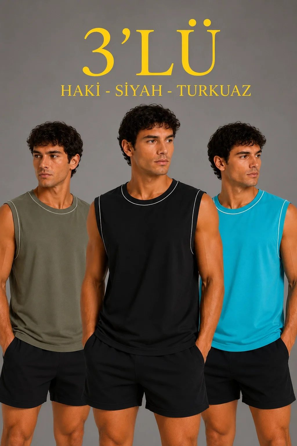 Erkek 3’lü Kolsuz Sporcu Atlet Seti Yazlık Bisiklet Yaka - Siyah, Haki, Açık