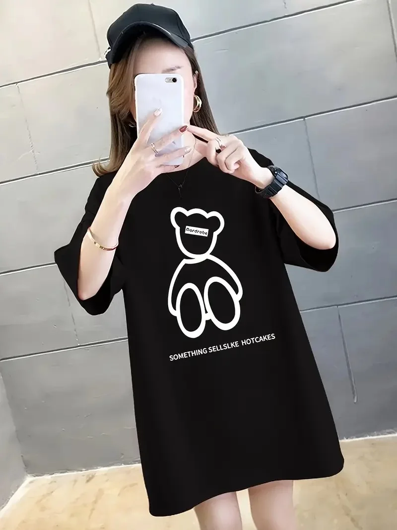 20/1 Penye Compack Ön Arka Baskılı Oversize Bisiklet Yaka T-shirt - Siyah Görsel 4
