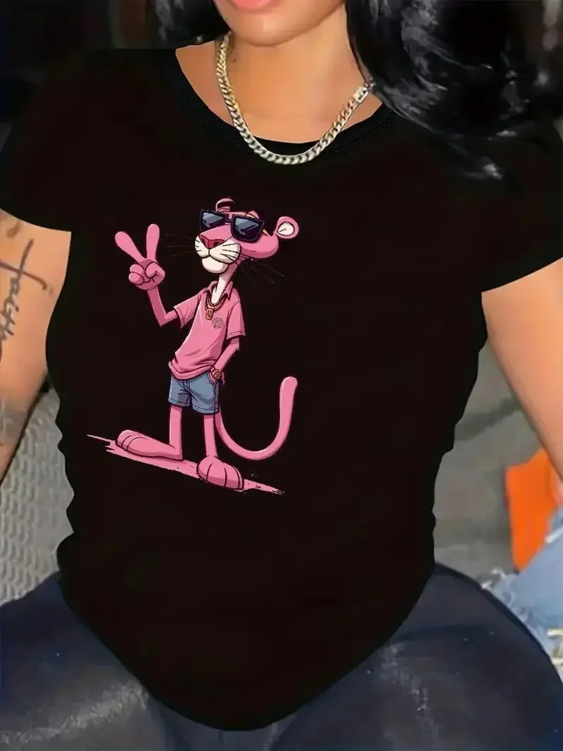 20/1 Penye Compack Pembe Panter Baskılı Oversize Bisiklet Yaka Kısa Kol Yazlık T-shirt - Beyaz Görsel 4