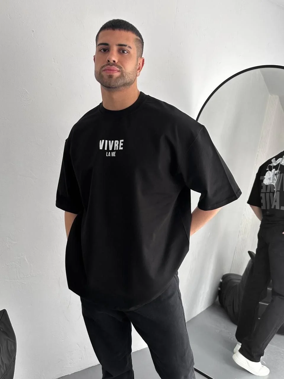 ERKEK Baskılı Oversize Bisiklet Yaka T-shirt - Siyah Görsel 4