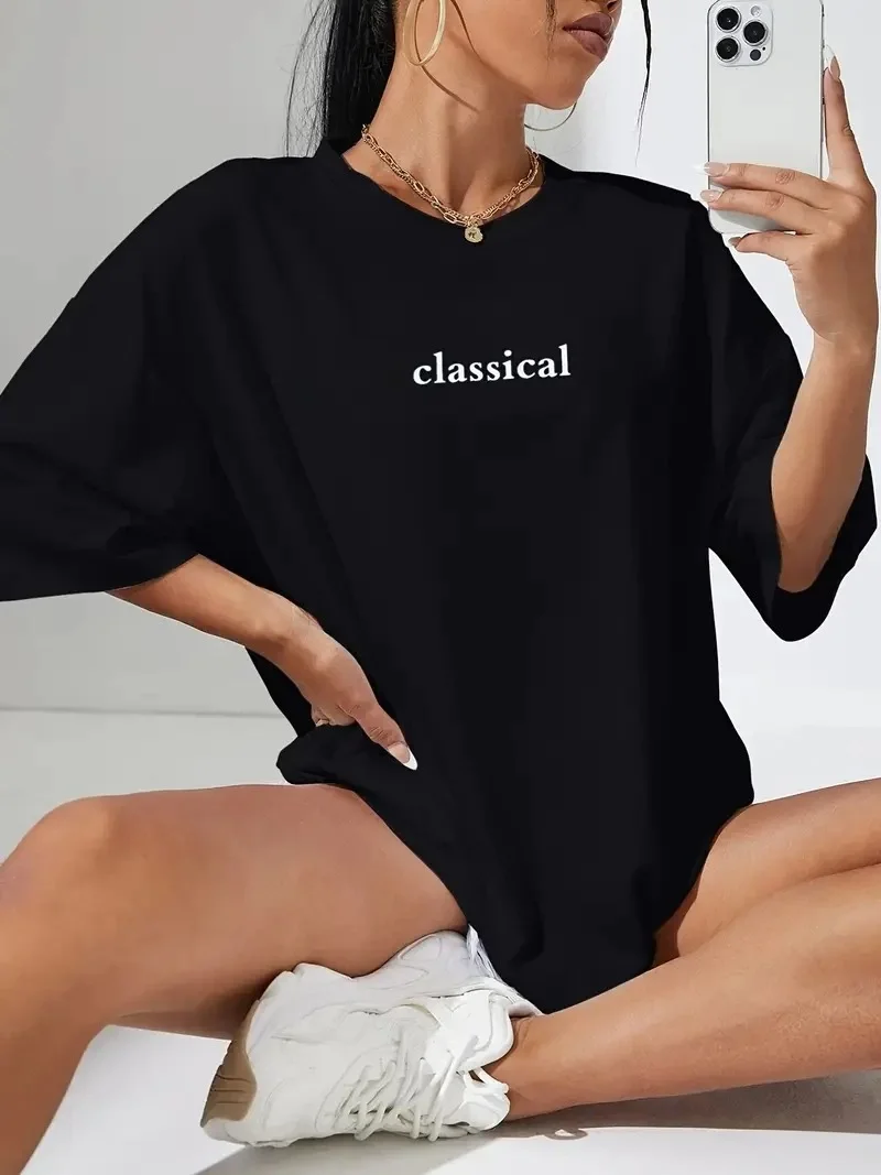 20/1 Penye Compack Classical Baskılı Siyah Oversize Tişort - Siyah