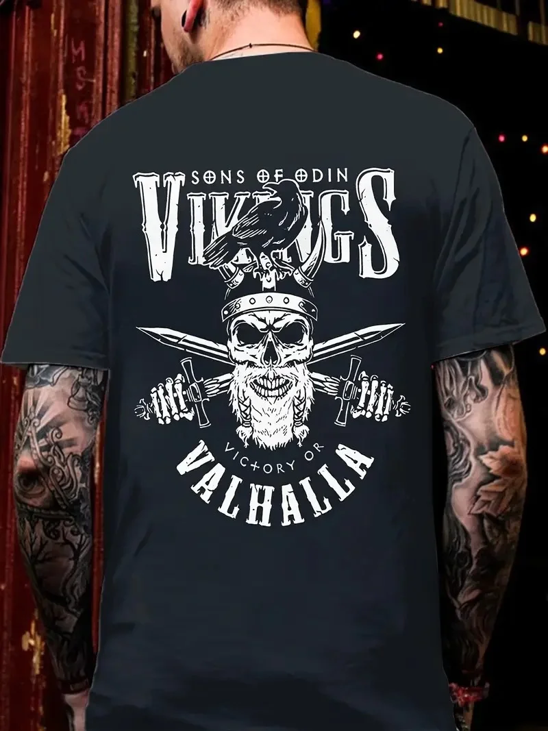 20/1 Penye Compack Vikings Valhalla Baskılı Oversize Bisiklet Yaka T-shirt - Siyah Görsel 2
