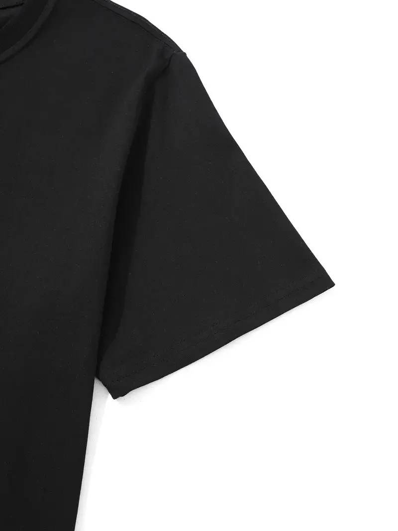 20/1 Penye Compack Palmiye Ön Baskılı Oversize Bisiklet Yaka Kısa Kol Yazlık T-shirt - Siyah Görsel 2