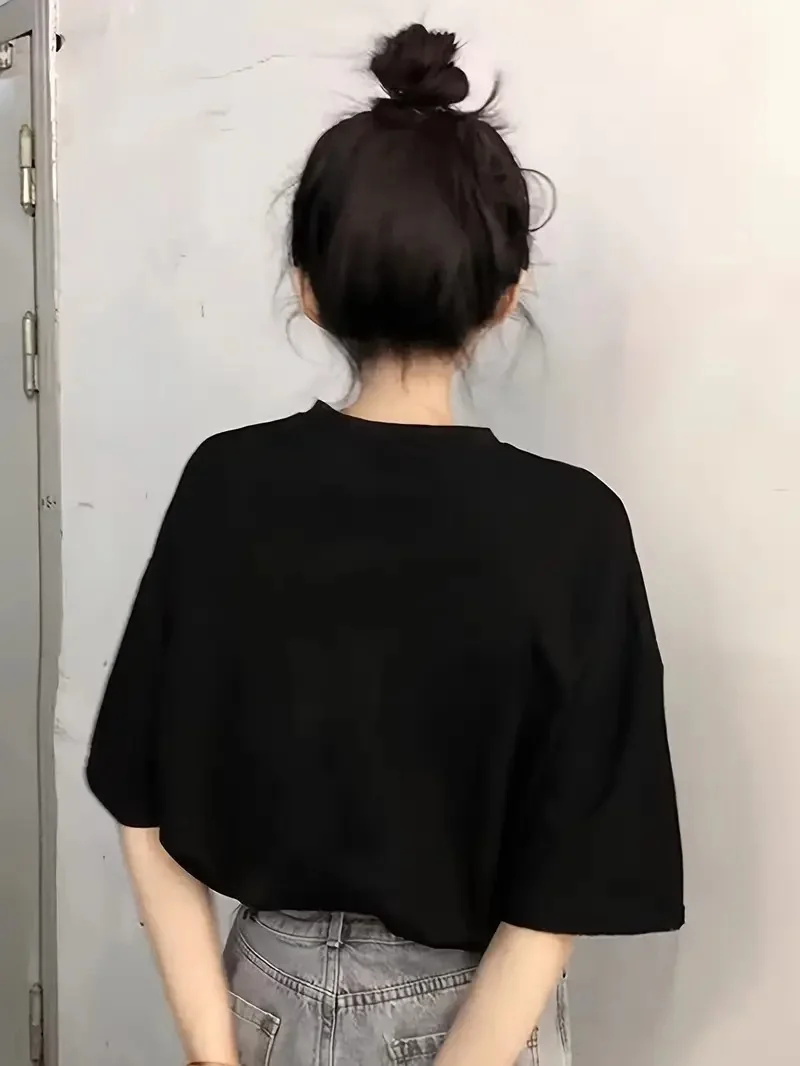 20/1 Penye Compack Baskılı Oversize Kısa Kol Bisiklet Yaka T-shirt - Siyah Görsel 2