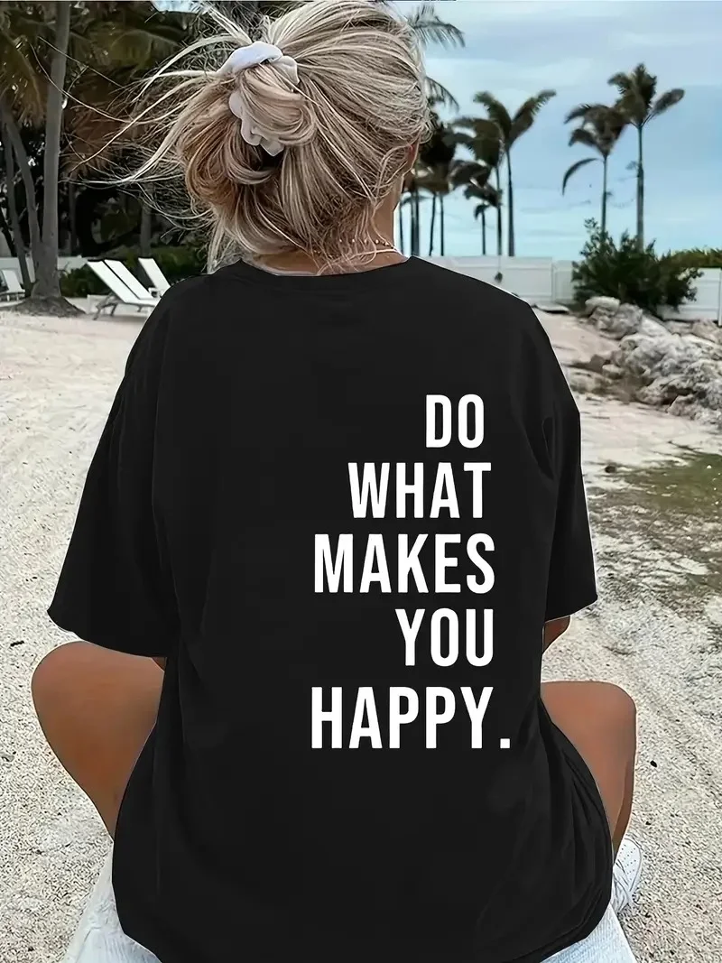 Kadın Do What Makes You Happy Linemen Oversize Baskılı T-shirt - Siyah