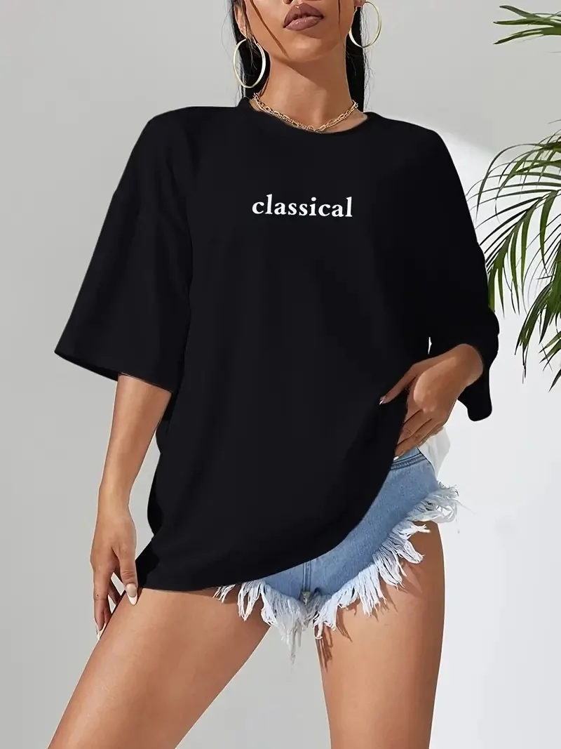 20/1 Penye Compack Classical Baskılı Siyah Oversize Tişort - Siyah Görsel 3