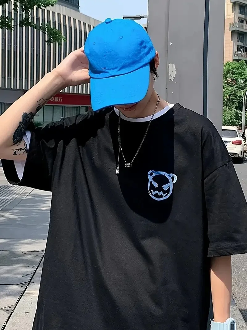 ERKEK 20/1 Penye Compack Bisiklet Yaka Kore tarzı sevimli ayı baskı Kısa Kol Erkek t-shirt - Siyah Görsel 3