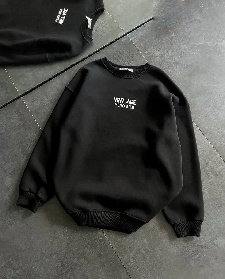 Bisiklet Yaka Üç İplik Baskılı Oversize SweatShirt - Siyah Görsel 2