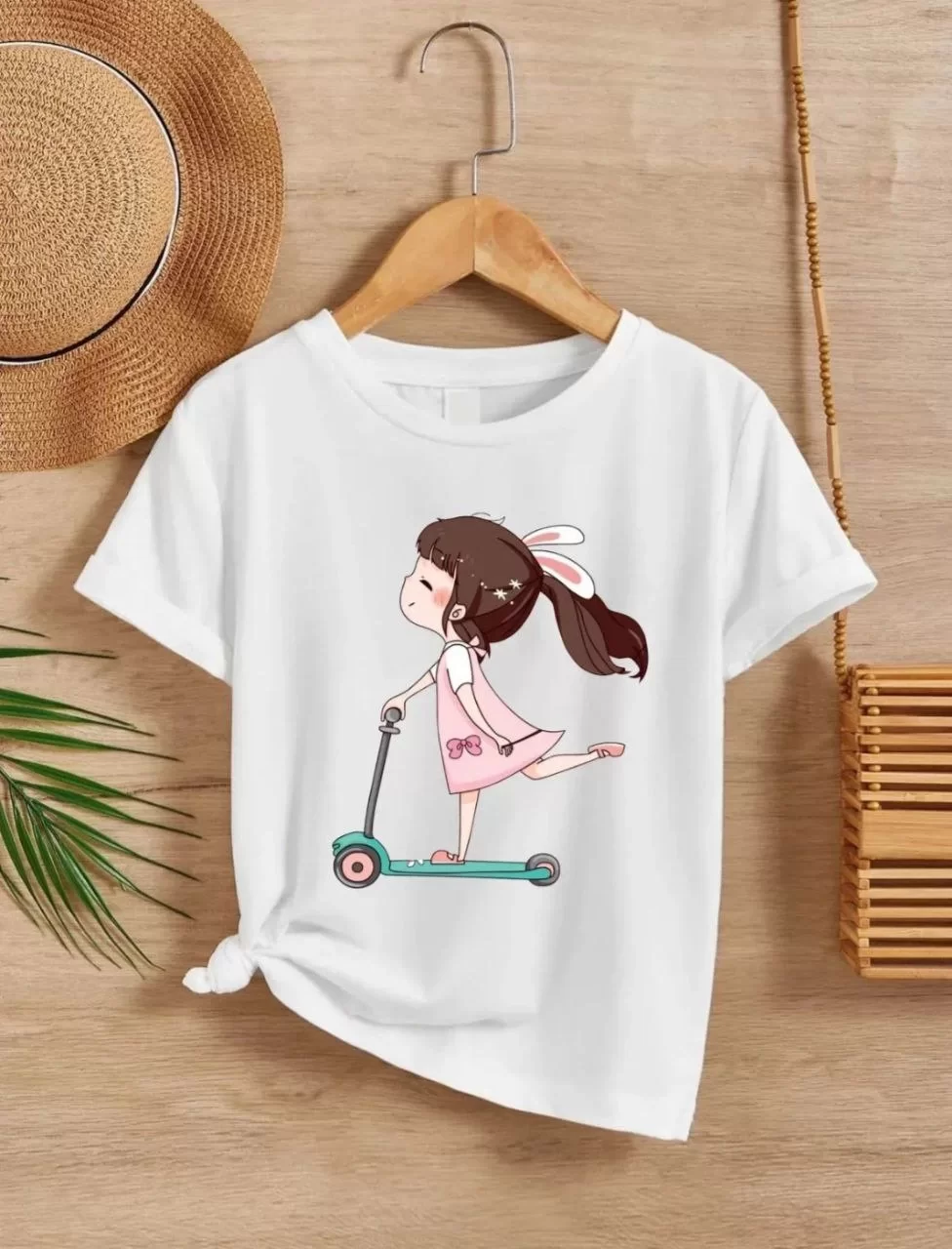 Kız Çocuk Bisiklet Yaka Baskılı T-Shirt - Beyaz
