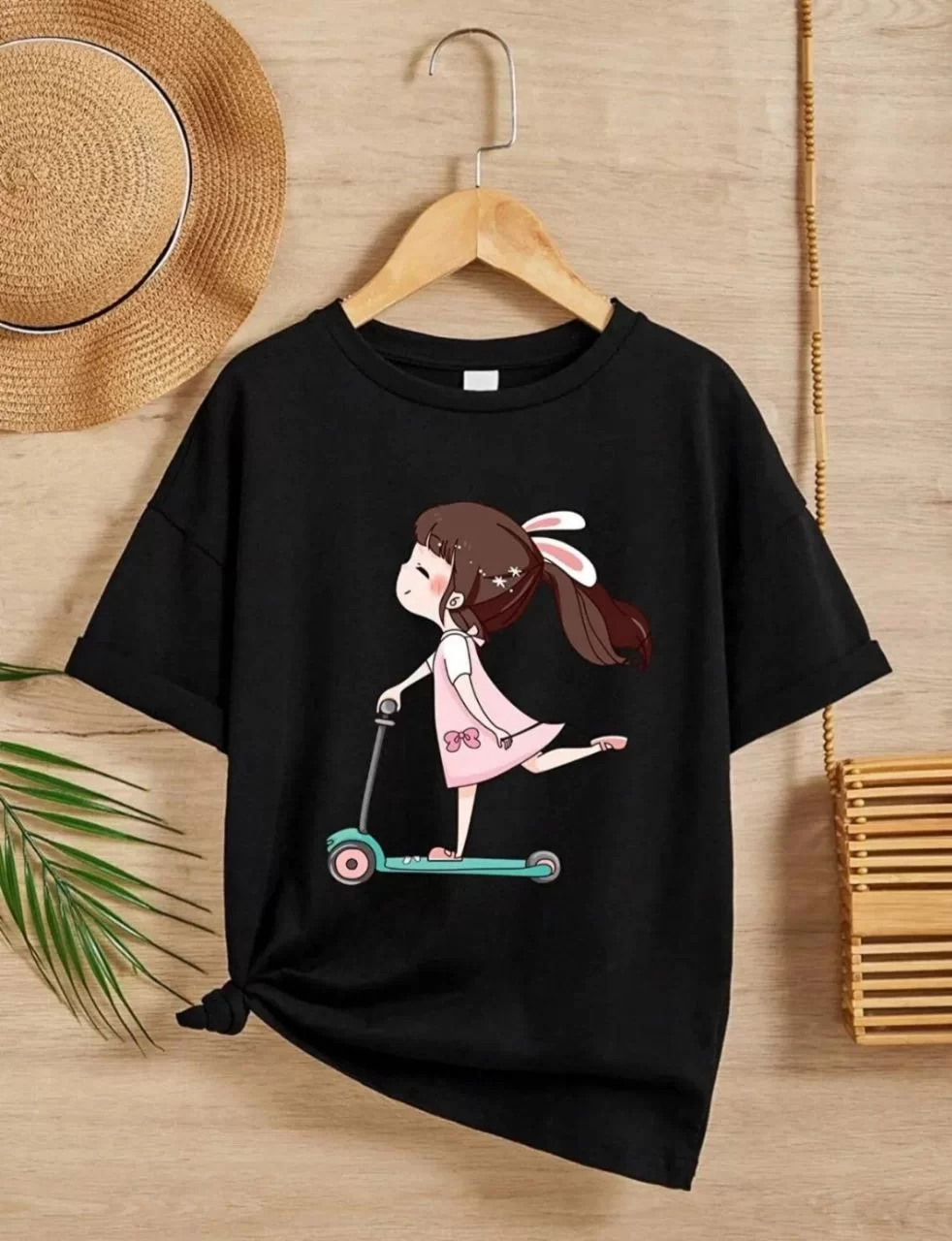Kız Çocuk Bisiklet Yaka Baskılı T-Shirt - Siyah