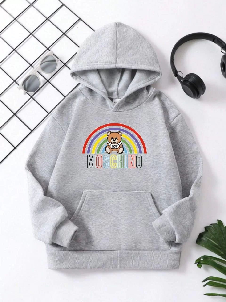 Çocuk Unisex Kapüşonlu Büyük Gökkuşağı Baskılı Pamuklu Sweatshirt - Gri