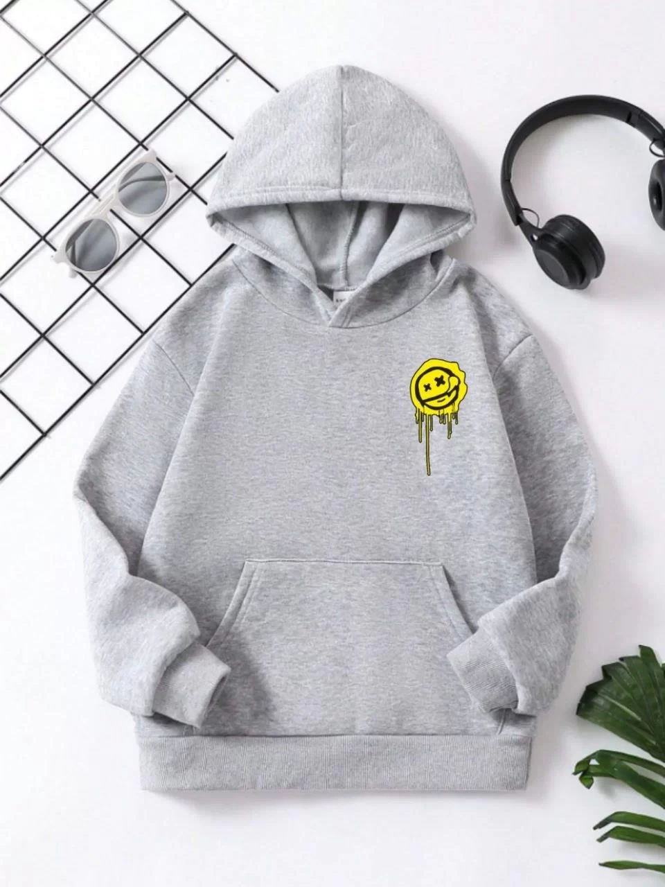 Çocuk Unisex Kapüşonlu Emoji Baskılı Sweatshirt - Gri