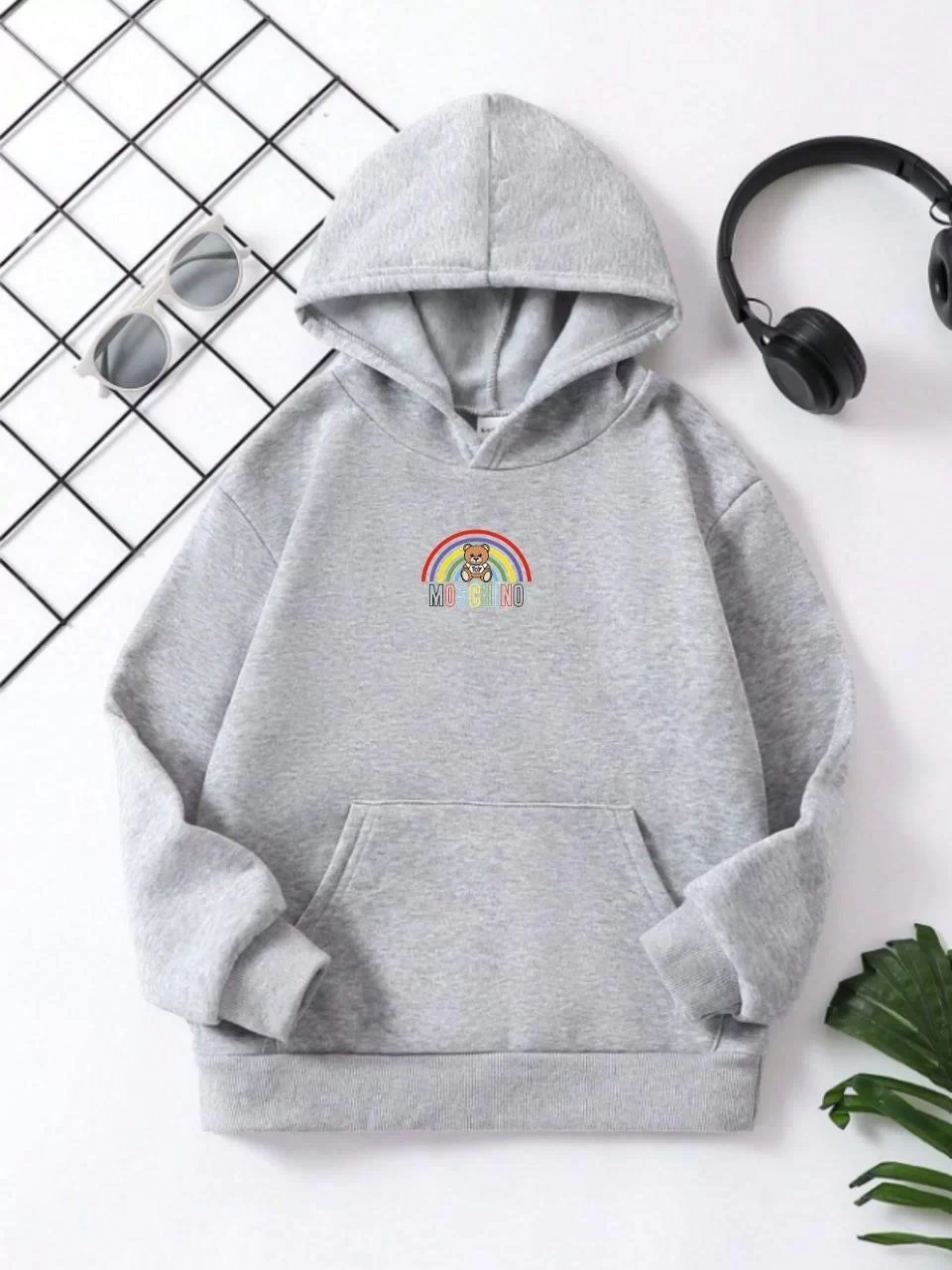 Çocuk Unisex Kapüşonlu Küçük Gökkuşağı Baskılı Sweatshirt - Gri