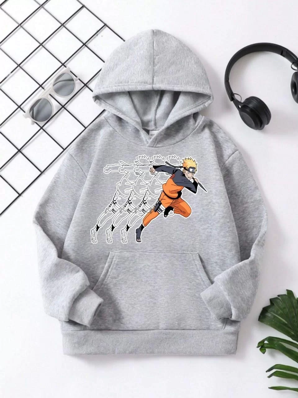 Çocuk Unisex Kapüşonlu Naruto Baskılı Pamuklu Sweatshirt - Gri