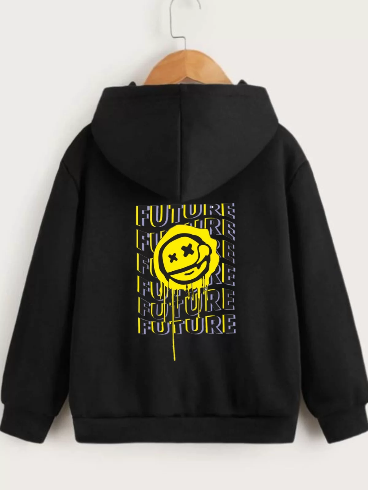 Çocuk Unisex Kapüşonlu Ön ve Arka Emoji Baskılı Sweatshirt - Siyah
