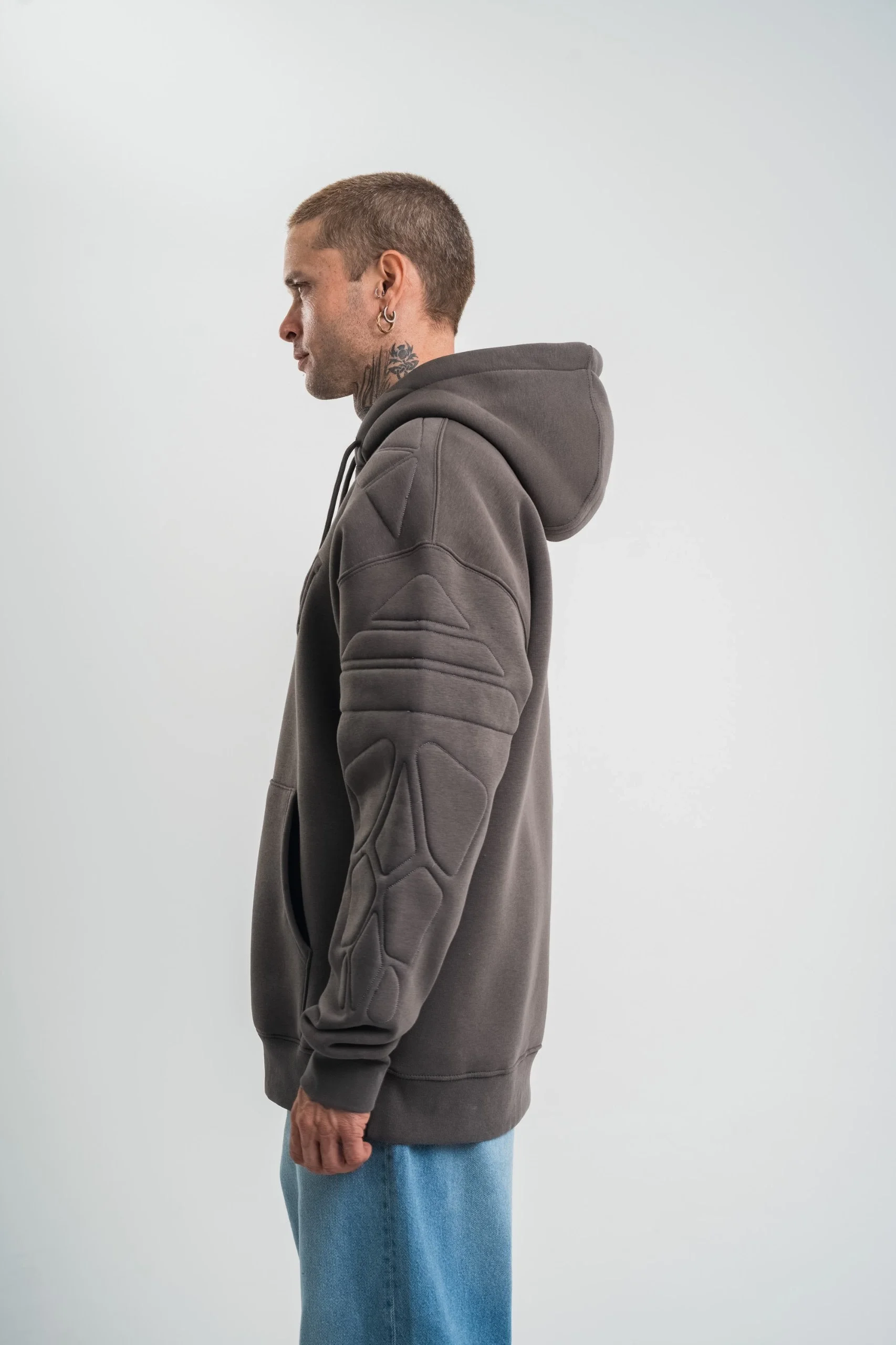 Erkek Nakış İşlemeli Kapşonlu Antrasit Sweatshirt Üç İplik Double Oversize- Füme Görsel 7