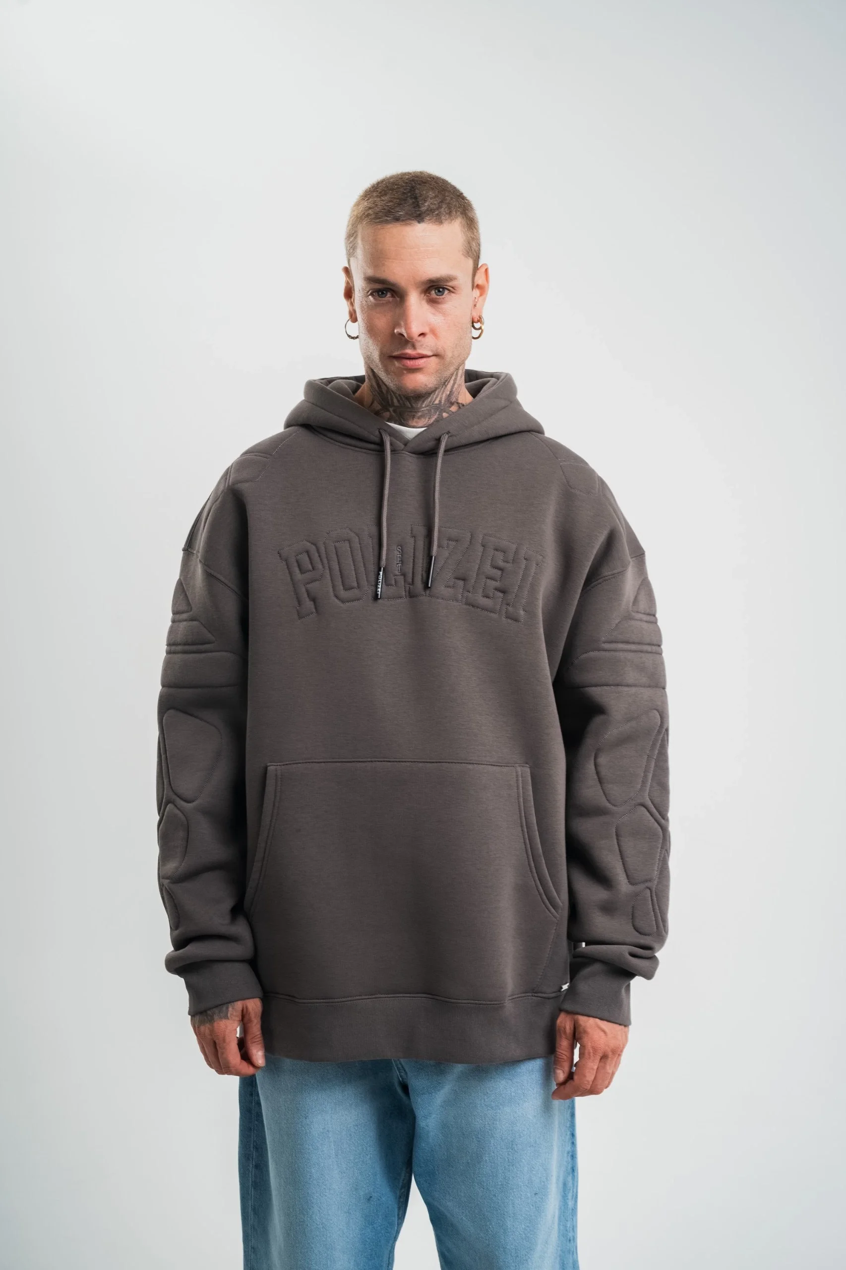 Erkek Nakış İşlemeli Kapşonlu Antrasit Sweatshirt Üç İplik Double Oversize- Füme