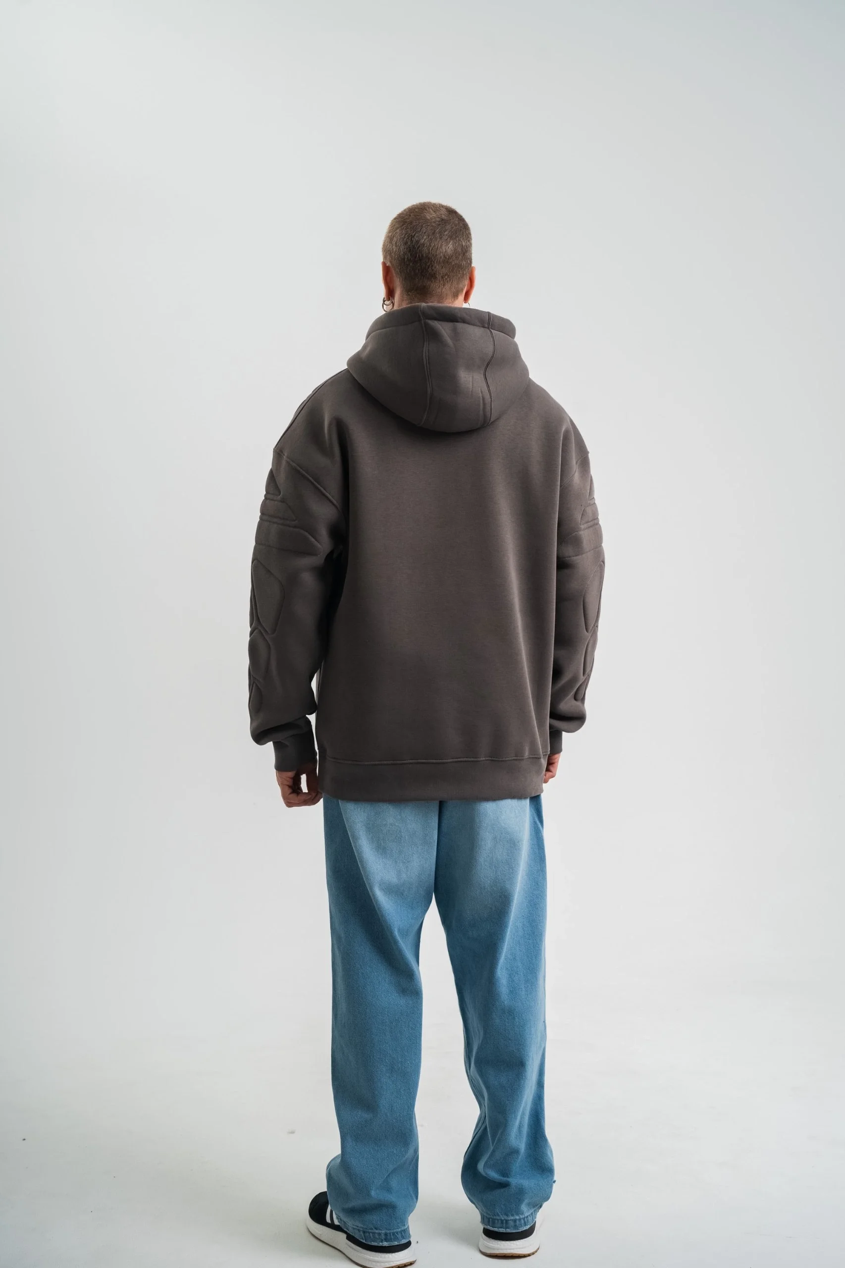 Erkek Nakış İşlemeli Kapşonlu Antrasit Sweatshirt Üç İplik Double Oversize- Füme Görsel 5