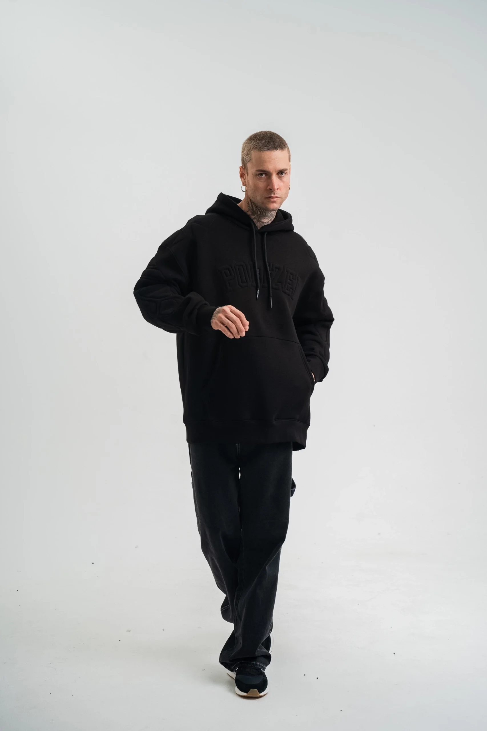 Double Oversize Kapşonlu Nakışlı SweatShirt - Siyah Görsel 6