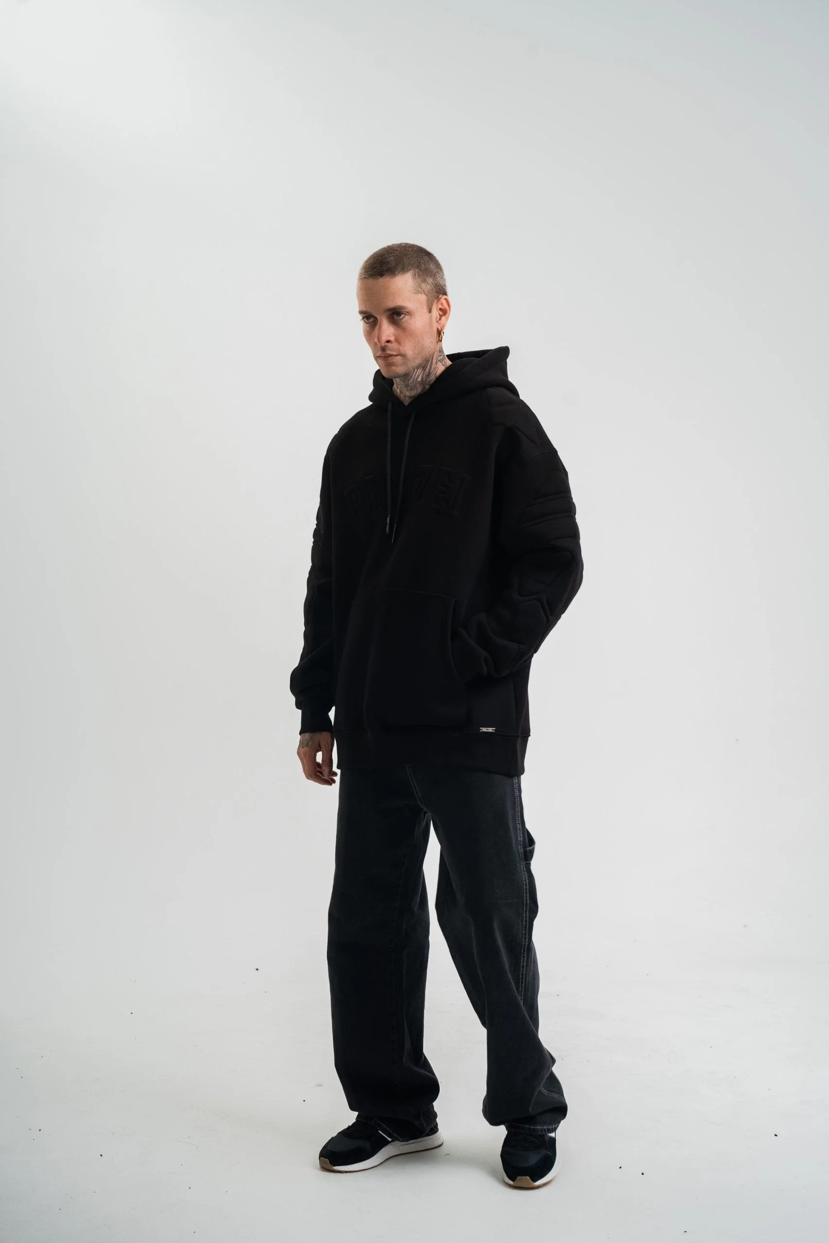 Double Oversize Kapşonlu Nakışlı SweatShirt - Siyah Görsel 3