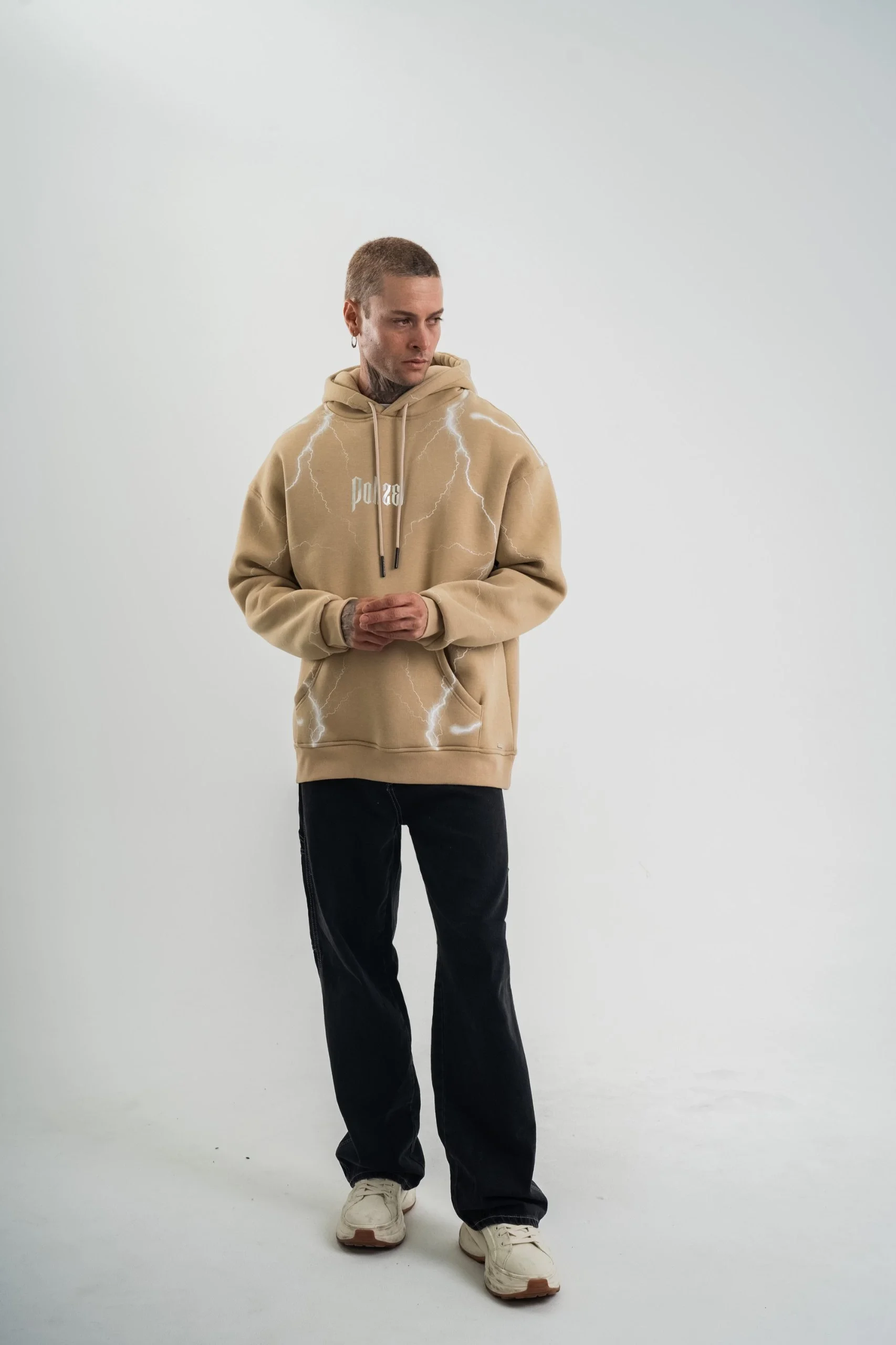 Erkek Şimşek Baskılı Kapşonlu Sweatshirt Üç İplik Pamuklu Kanguru Cepli Double - Bej