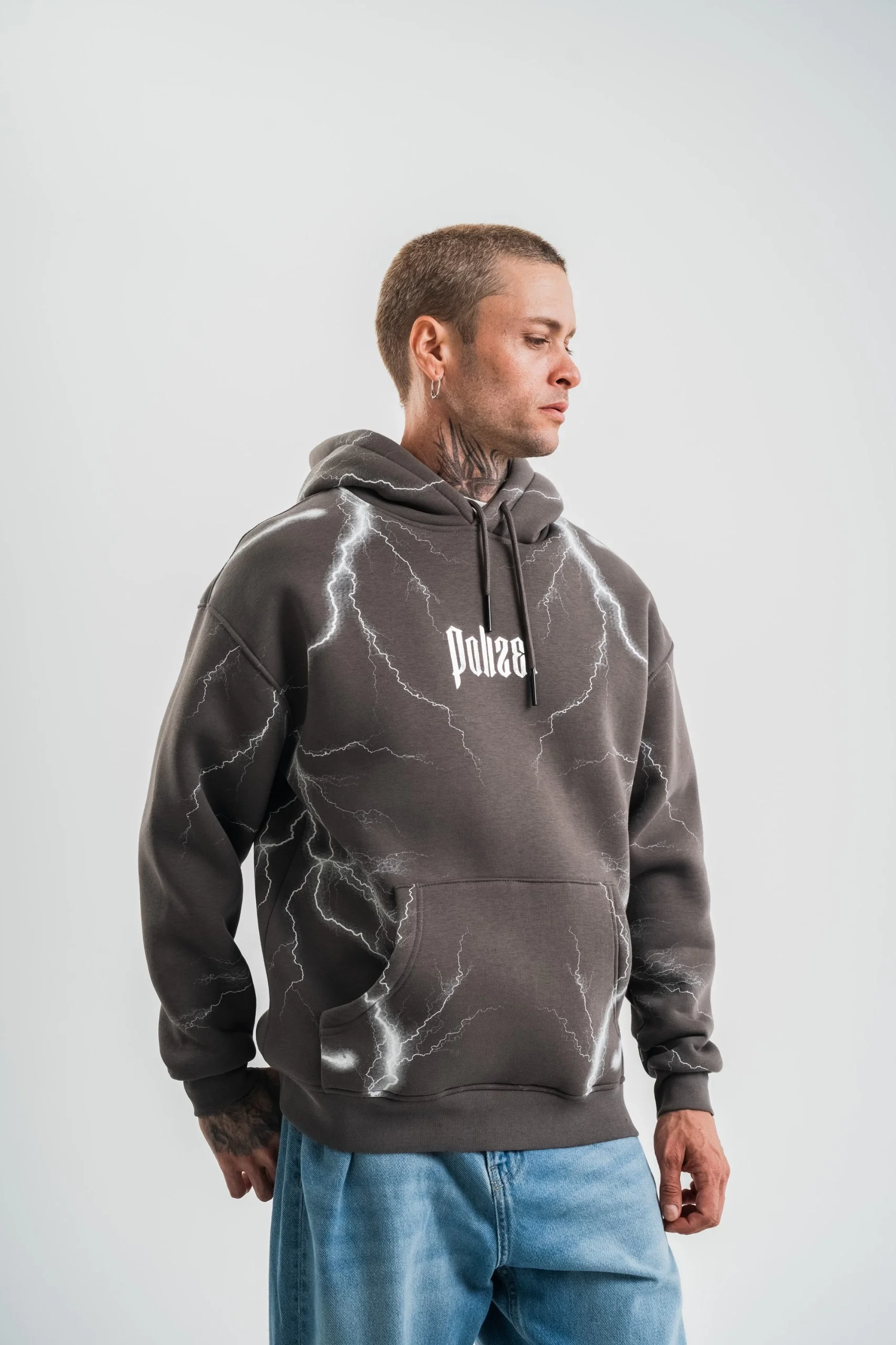 Erkek Şimşek Baskılı Kapşonlu Sweatshirt Üç İplik Pamuklu Kanguru Cepli Double - Füme