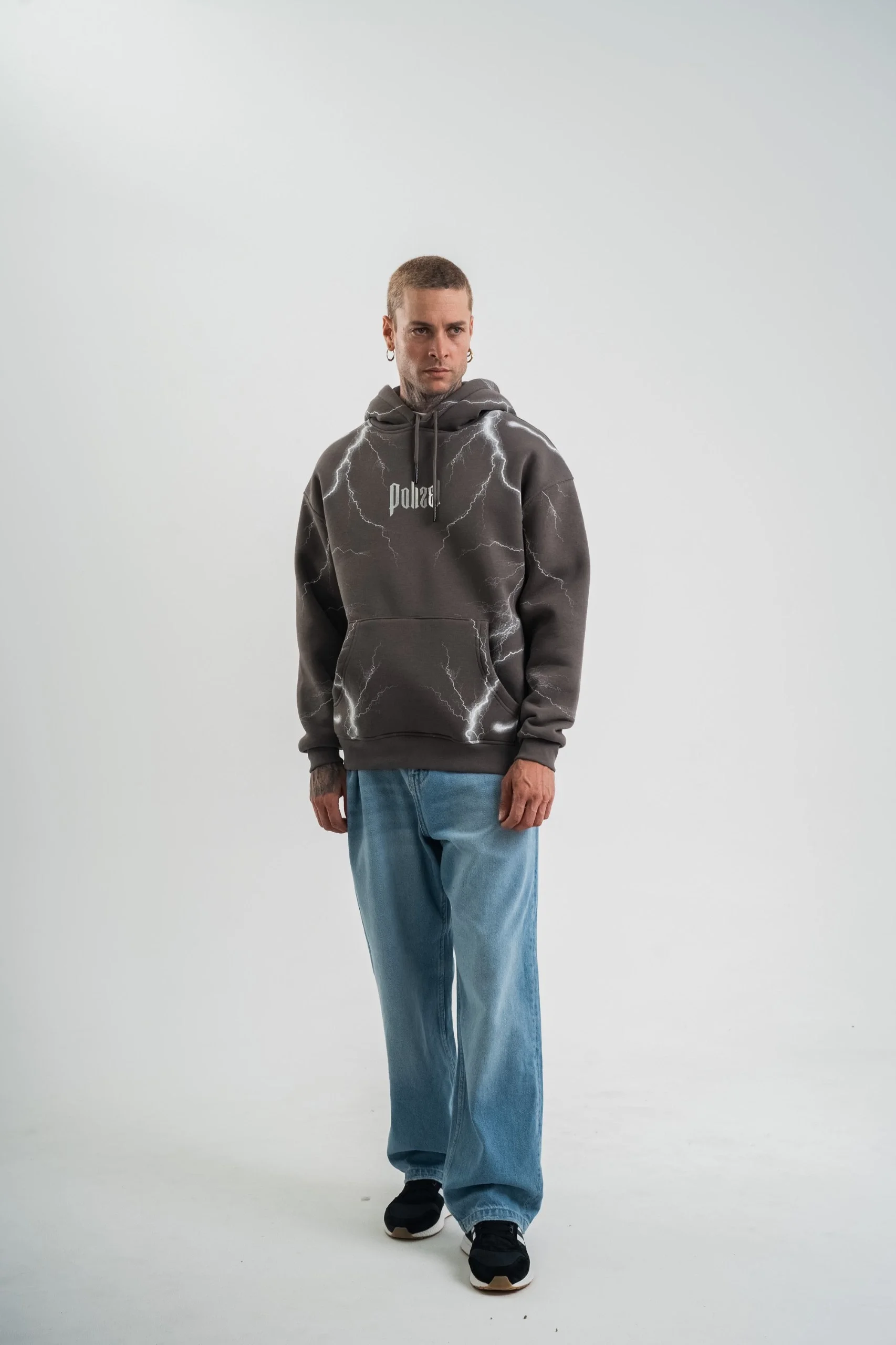 Erkek Şimşek Baskılı Kapşonlu Sweatshirt Üç İplik Pamuklu Kanguru Cepli Double - Füme