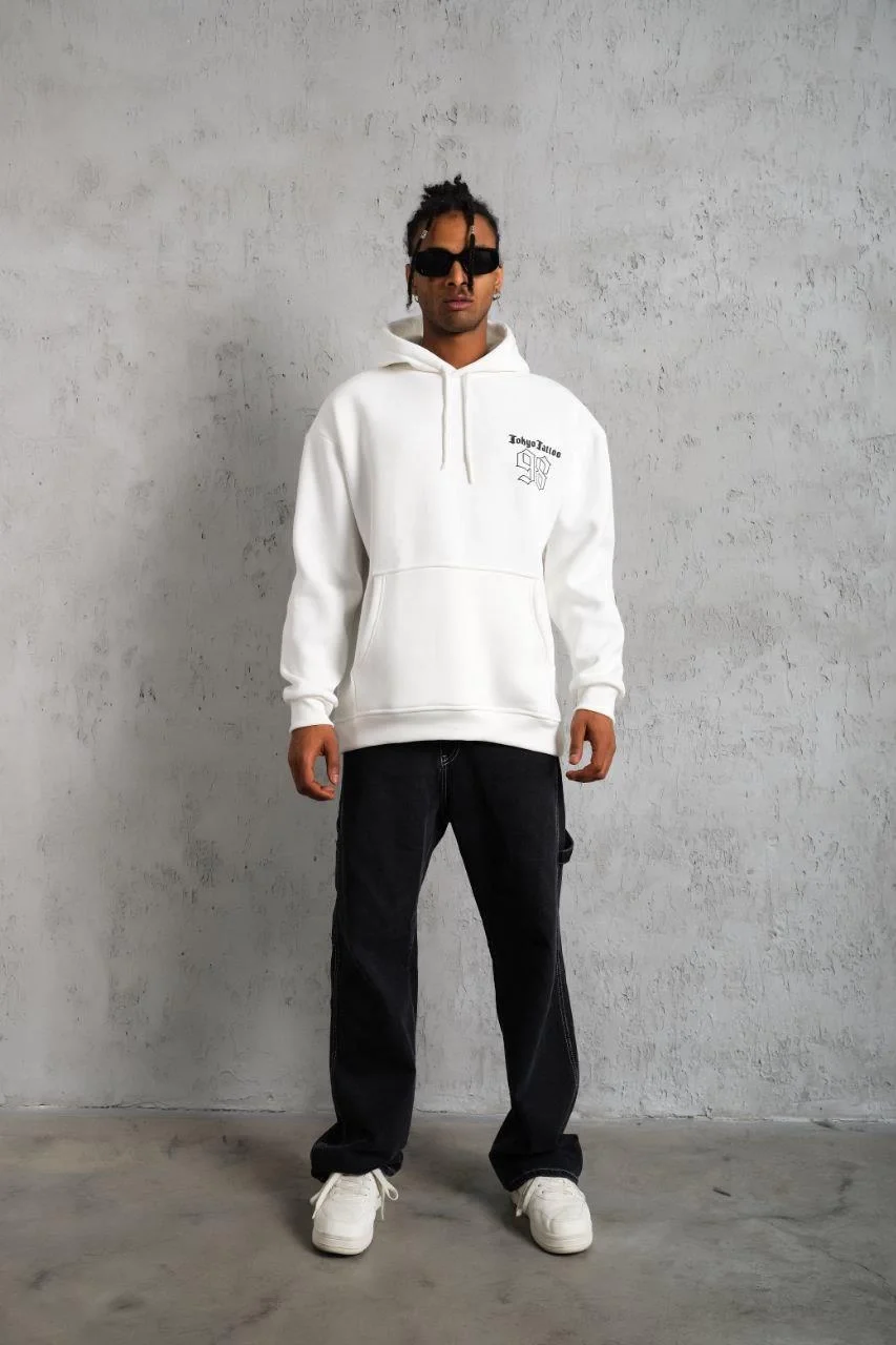 Erkek 98 Baskılı Kapşonlu Sweat - Beyaz Görsel 5