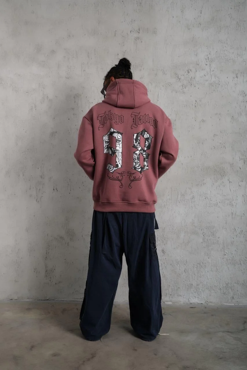 Erkek 98 Baskılı Kapşonlu Sweat - Gül Kurusu Görsel 5