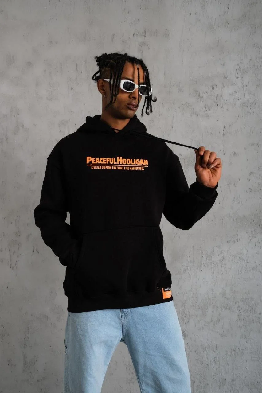 Erkek Armalı Baskılı Kapüşonlu Sweatshirt - Siyah Görsel 2