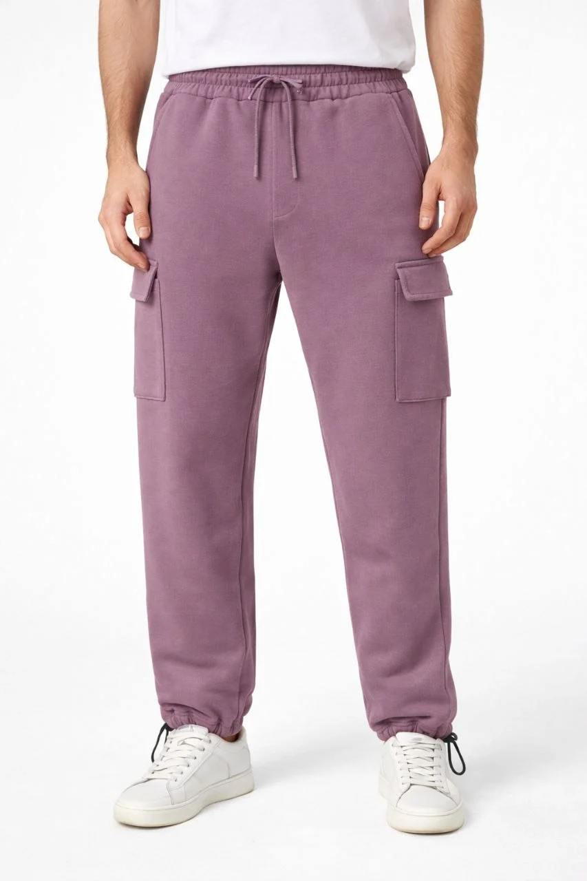 Erkek Baggy Üç İplik Kargo Cepli Eşofman Ayarlanabilir Paça Beli İpli Pantolon - Gül Kurusu