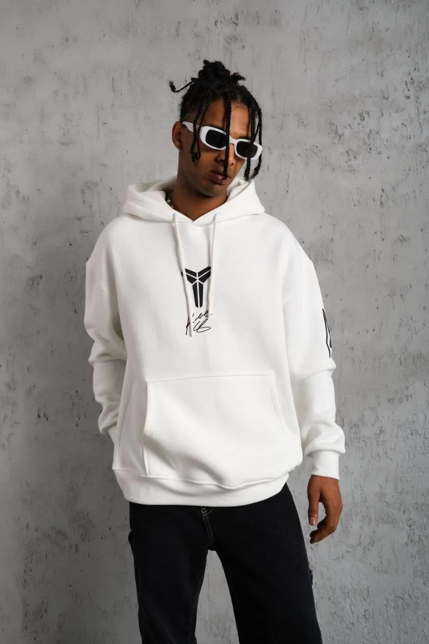 Erkek Baskılı Kapüşonlu Sweat - Beyaz Görsel 4