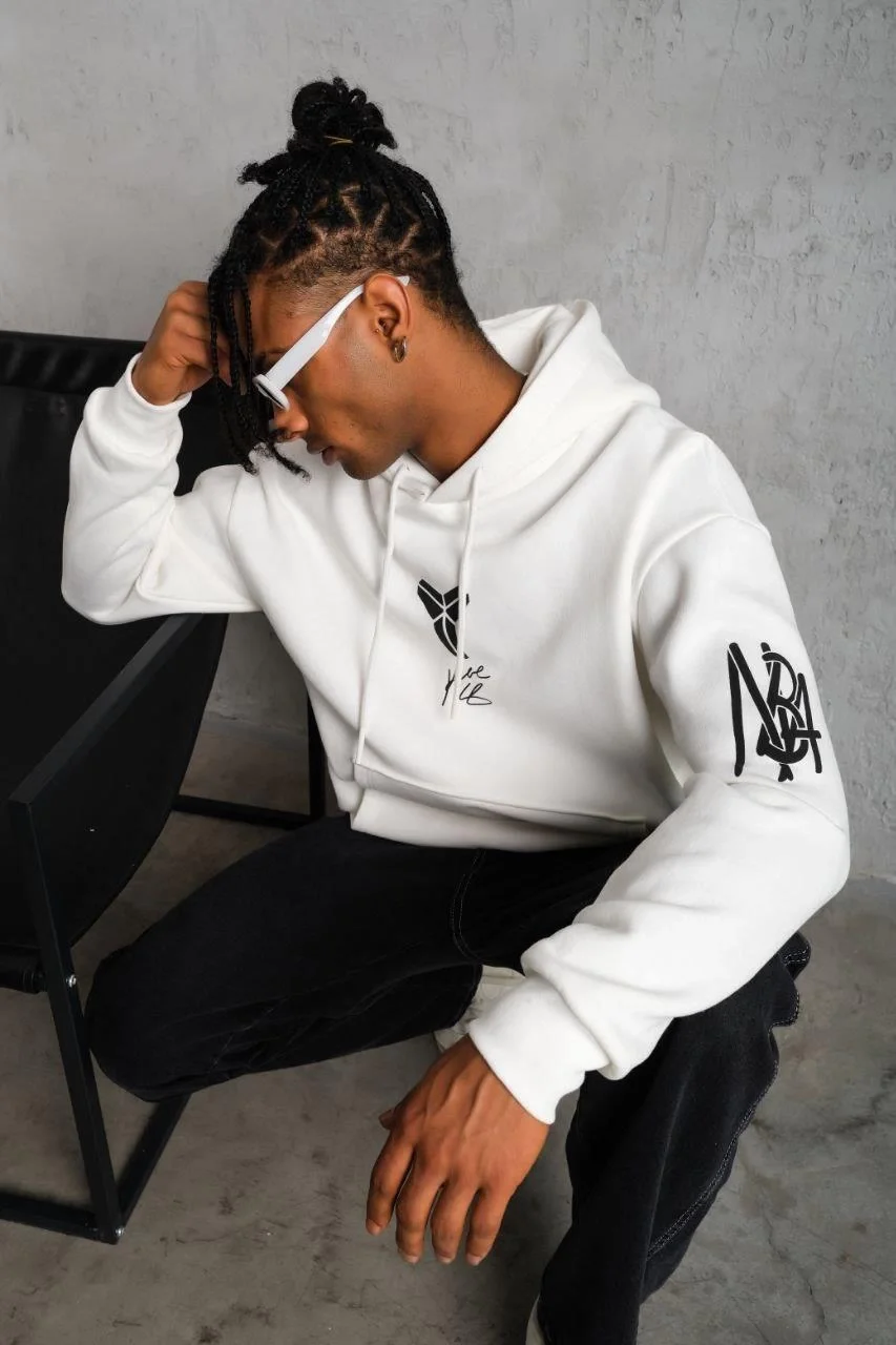 Erkek Baskılı Kapüşonlu Sweat - Beyaz Görsel 5