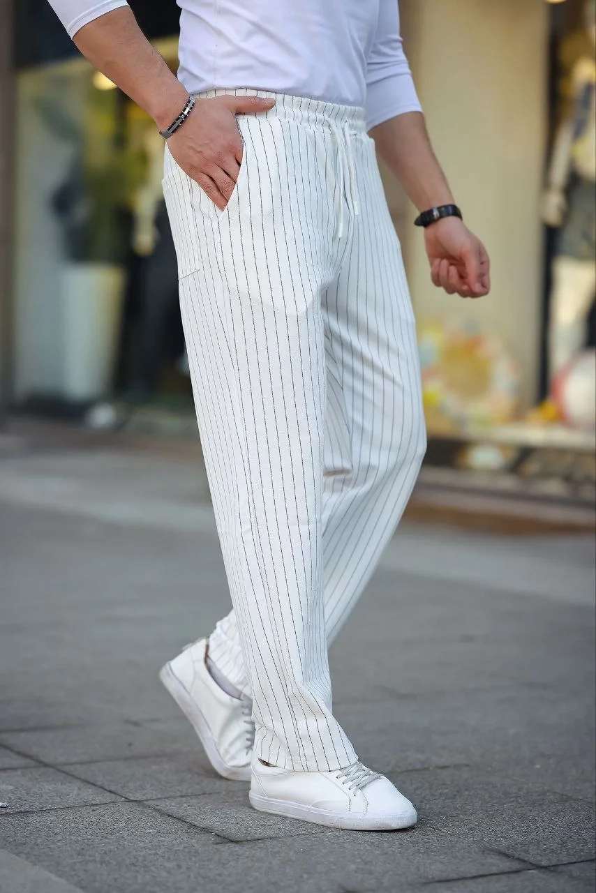 Erkek Cizgili Dokuma Krep Jogger Buggy Pantalon Rahat kalıp - Beyaz