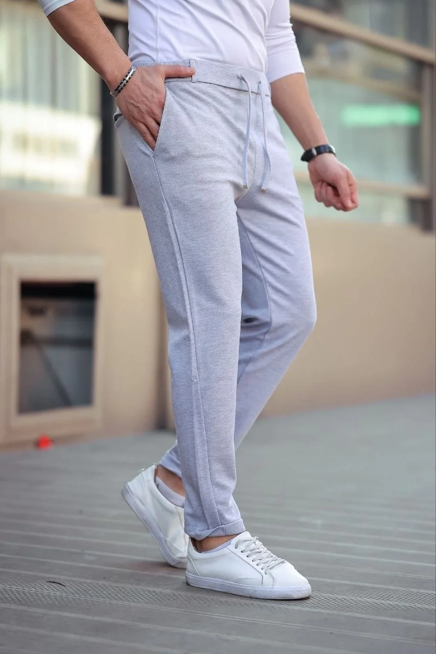 Erkek Diagonel Mikro dokulu Cepli Beli Lastilki Pantolon - Gri