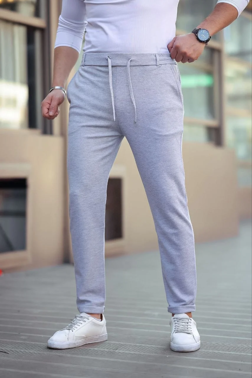 Erkek Diagonel Mikro dokulu Cepli Beli Lastilki Pantolon - Gri