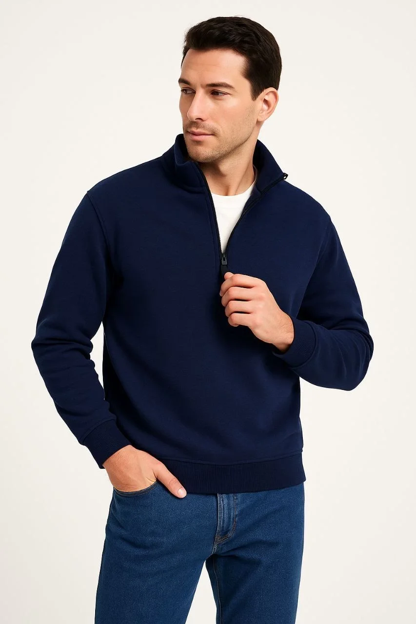 Erkek Dik Yaka Sweatshirt Dik Yaka Yarım Fermuarlı 3 İplik Şardonlu Pamuk Kumaş - Lacivert