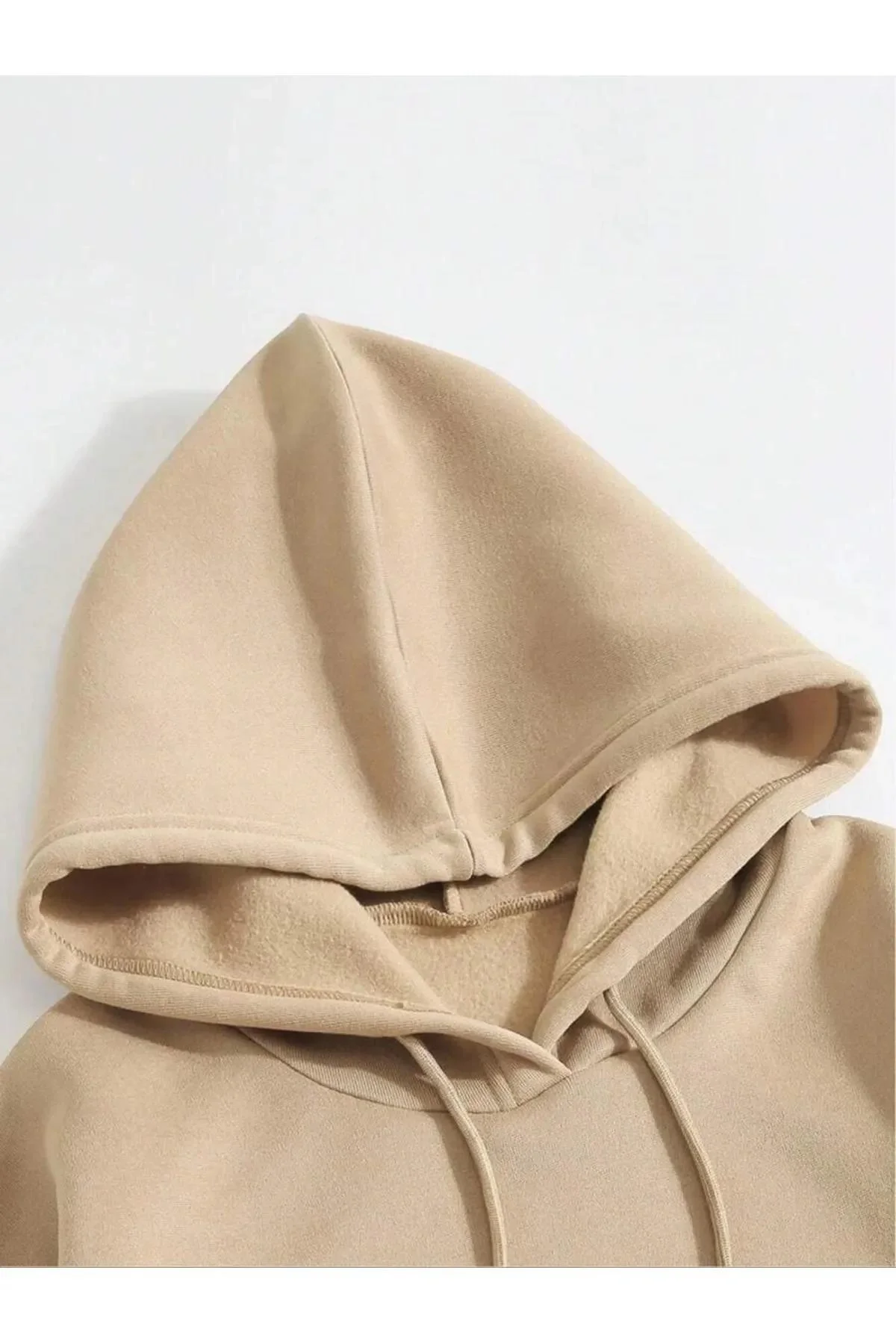 Erkek Düz Kapüşonlu Sweat - Bej Görsel 4